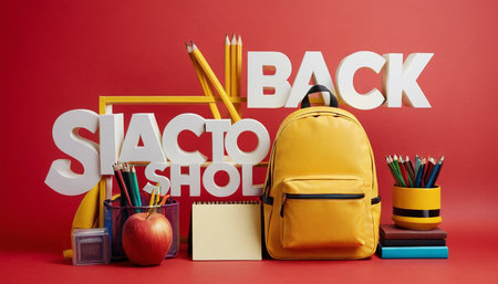 School supplies on red background. Back to school concept. Copy space.の素材