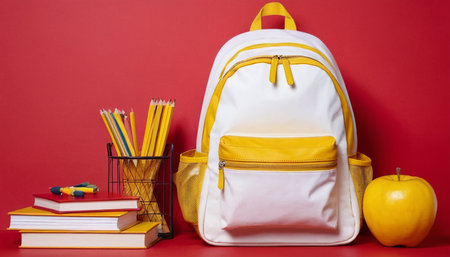Backpack with school supplies on red background. Back to school concept.の素材