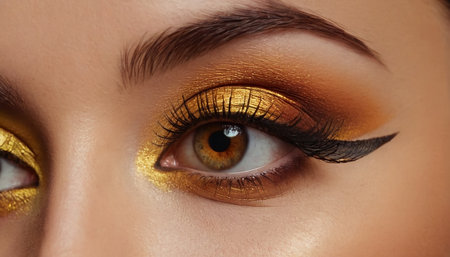 Close-up of beautiful woman's eye with golden make-upの素材