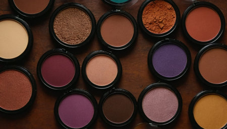 Make up eyeshadow palette on wooden background. Top view.の素材