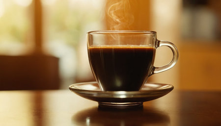Coffee cup on wooden table in coffee shop, stock photoの素材
