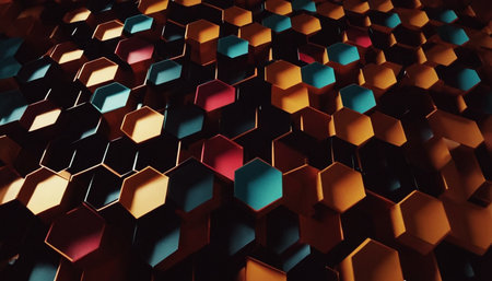 Abstract 3d rendering of chaotic hexagons. Futuristic background.の素材