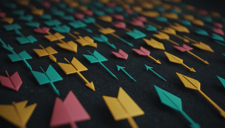 Colorful arrows in a row on black background. 3d renderingの素材