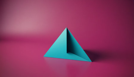 Blue paper pyramid on a pink background. 3d render illustration.の素材