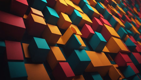Abstract 3d rendering of chaotic geometric shapes. Colorful cubes background.の素材