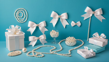 White pearls, pearl necklace and gift boxes on blue background.の素材