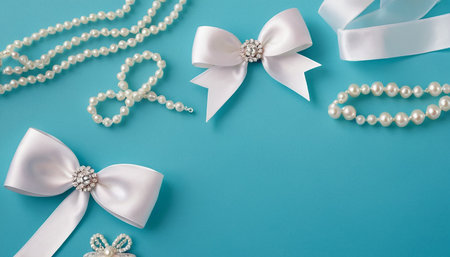 White pearls and white bows on blue background. Flat lay, top view.の素材