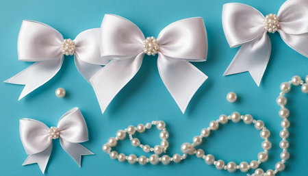 White bows with pearls on blue background. Flat lay, top view.の素材