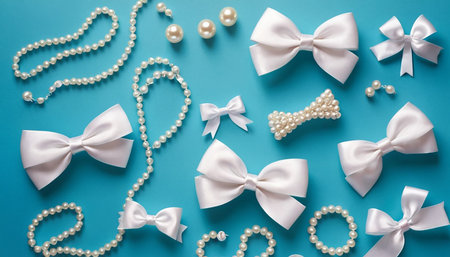 White pearls and white bows on blue background. Flat lay.の素材