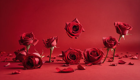 Red roses on a red background. Valentines Day background. Love concept.の素材