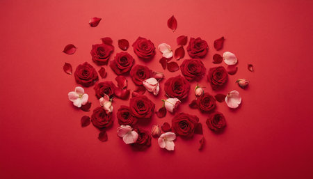 Red roses and petals on a red background. Flat lay, top viewの素材