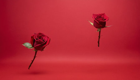 two red rose on red background, valentine's day conceptの素材
