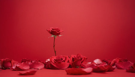 Red rose and petals on red background. Valentines day conceptの素材