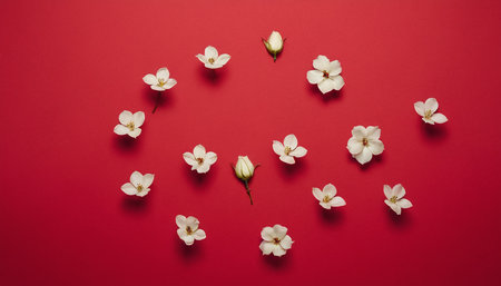 Flowers composition. Frame made of white flowers on red background. Flat lay, top view, copy spaceの素材