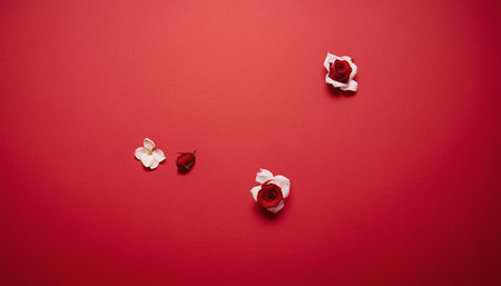 Creative layout made of rose flowers on red background. Flat lay, top view minimal concept.の素材