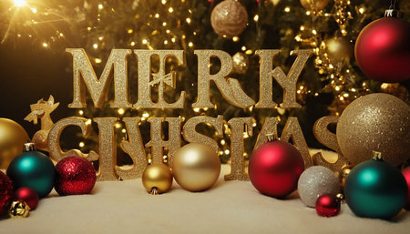 Merry Christmas and Happy New Year greeting card with golden text on bokeh background.の素材