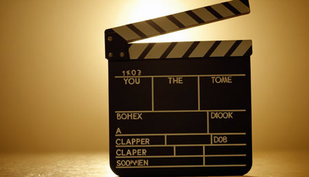 Movie clapper board on a yellow background. Close-up.の素材