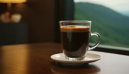 Coffee cup on wooden table in coffee shop, stock photoの素材