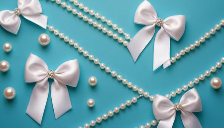 White bows and pearls on blue background. Flat lay, top view.の素材