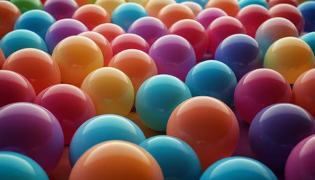 Colorful plastic balls in a children playground, closeup of photoの素材