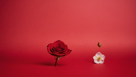 Red rose and jasmine flower on red background with copy spaceの素材