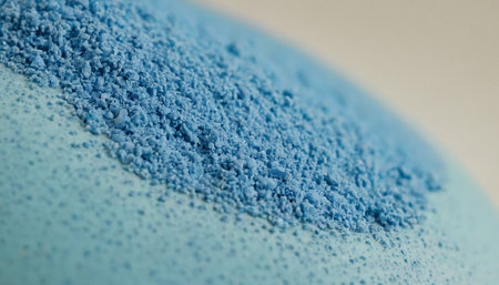 Close-up of blue eyeshadow powder on white background.の素材