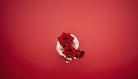 Hands holding a red rose on a red background with copy spaceの素材