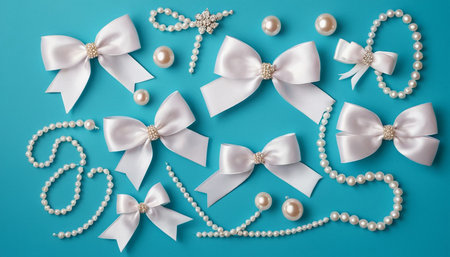 White bows and pearls on blue background. Flat lay, top view.の素材