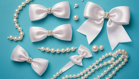 Set of white bows, pearls and ribbons on blue backgroundの素材