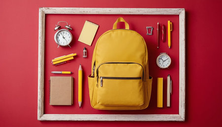 School backpack and stationery on red background. Back to school conceptの素材