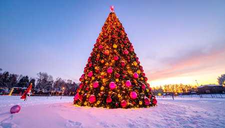 Beautiful Christmas tree in the city park at sunset. Beautiful winter landscape.の素材