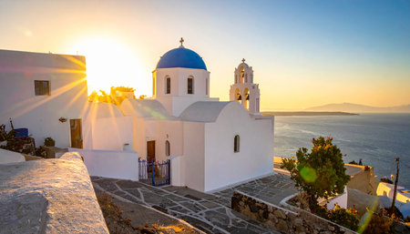 Sunset over the church in Oia, Santorini, Greeceの素材