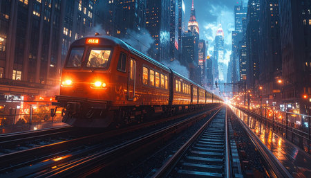 Train in the city at night, New York City, USA.の素材