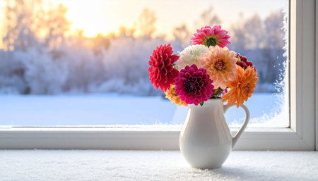 Bouquet of dahlias in a white jug on the windowsillの素材