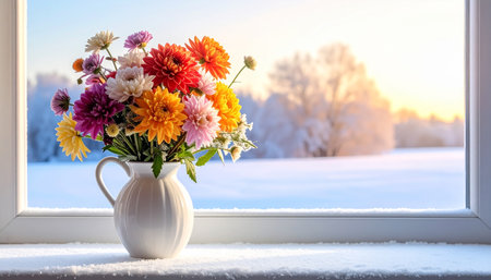 Bouquet of flowers in vase on the windowsill.の素材