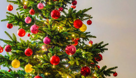 Christmas tree decorated with red and yellow ornaments, holiday backgroundの素材