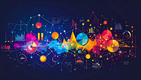 Colorful business charts and graphs on dark background. Vector illustration.の素材