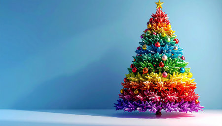 Christmas tree made of colorful toys on blue background. 3D renderingの素材