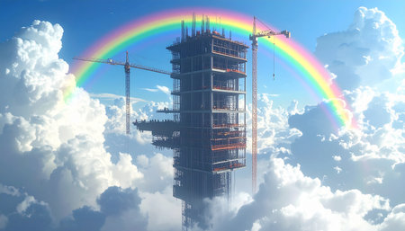 3D render of a building under construction with rainbow in the skyの素材