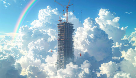 3D illustration of a building under construction with rainbow in the skyの素材