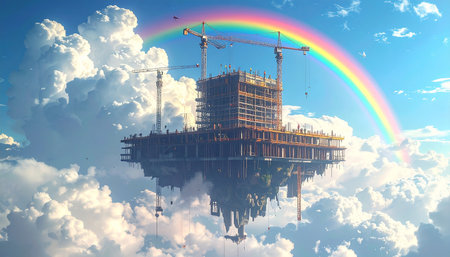 Construction of a multi-storey building on a background of a rainbowの素材