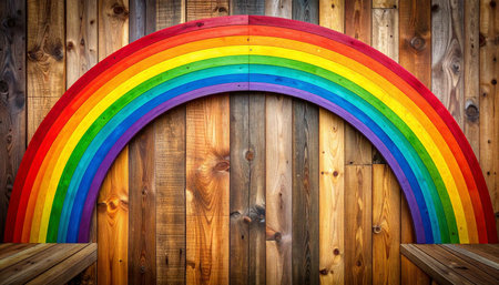 Rainbow on wood wall background with space for your text or imageの素材