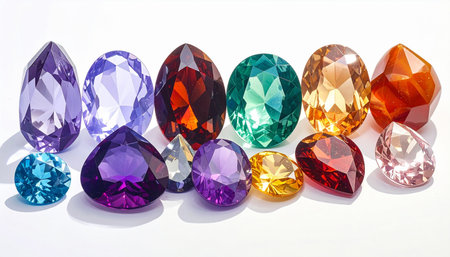 colorful gems on a white background, close-up of photoの素材