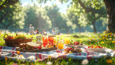 Picnic in the park on a sunny day. The concept of a healthy lifestyle.の素材