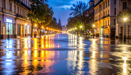 Reflection in the water of a city street at night, Paris, Franceの素材