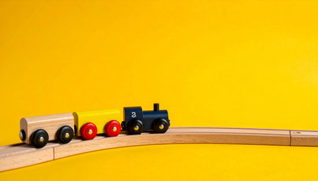 Wooden toy train on a yellow background with copy space for textの素材