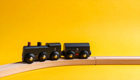 Toy train on a wooden railway over yellow background with copy space.の素材