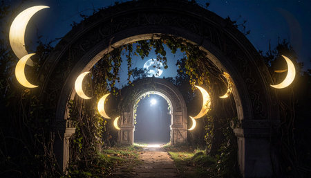 Halloween night scene with full moon and crescent moon in archの素材