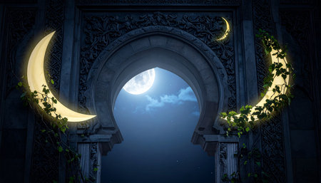 Moon and crescent in the arabic window. 3D renderingの素材