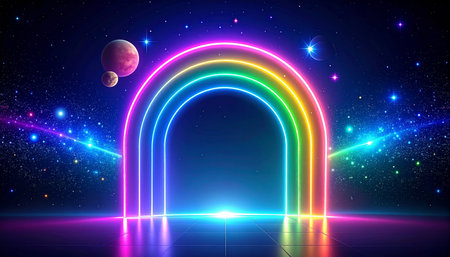 Abstract neon background with arch, moon and stars. Vector illustration.の素材